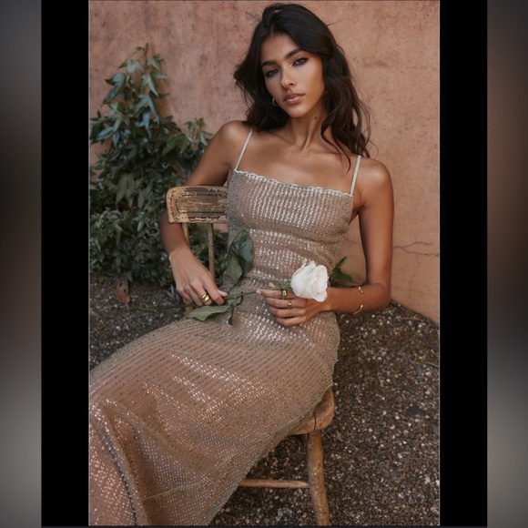 House of CB Alondra Beaded dress size small cafe au lait - Picture 5 of 7